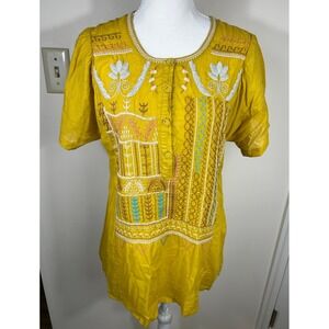 Biya Johnny Was Tunic Top Women XS Yellow Embroidered Boho Chic Cotton S/S Artsy